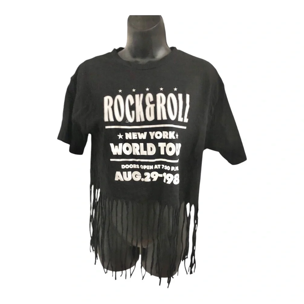 Rock & roll New York World 1987 concert black fringed hem tshirt size small‎ new